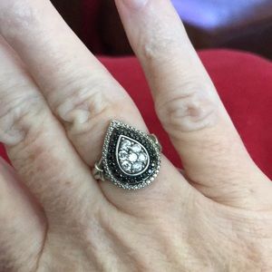 Sterling Silver Pear Black CZ and White Ring Sz 7